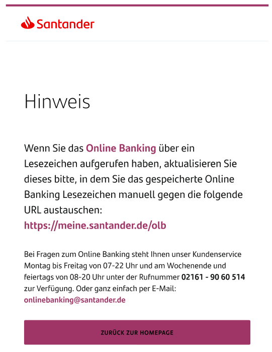 Santander Fehlermeldung